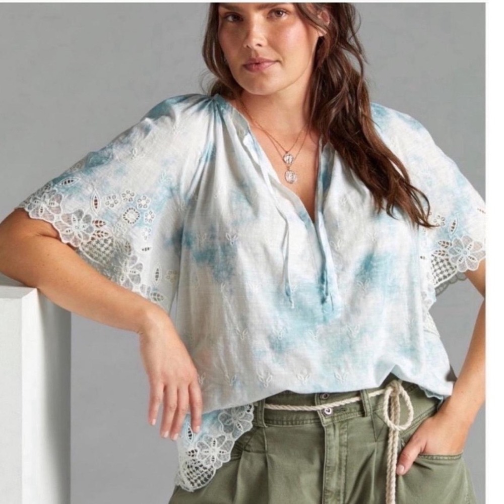Anthropologie NWT Cottagecore Blue Tie Dye Eyelet Flutter Sleeve Blouse Sz M